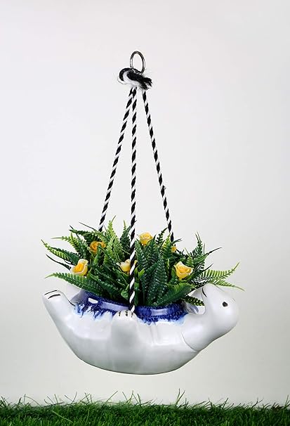 Justoriginals Hanging Tortoise Ceramic Flower Pot (White)