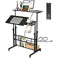 Hadulcet Stand Up Desk, Rolling Desk Adjustable Height, Mobile Standing Desk with Wheels & Charging Station, Portable Desk for Laptop, Rolling Computer Cart TV Tray, Small Standing Desk Drawing Desk