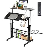 Hadulcet Stand Up Desk, Rolling Desk Adjustable Height, Mobile Standing Desk with Wheels & Charging Station, Portable Stand for Laptop, Rolling Computer Cart TV Tray, Small Standing Desk Drawing Table