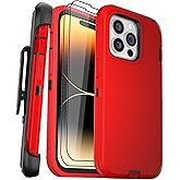 BypaBox for iPhone 14 Pro Max Case 6.7" with 2 Screen Protector and Belt Clip Holster Kickstand, Heavy Duty Military Grade Full Body Protection Phone Cover (Belt Clip,Red+Black)