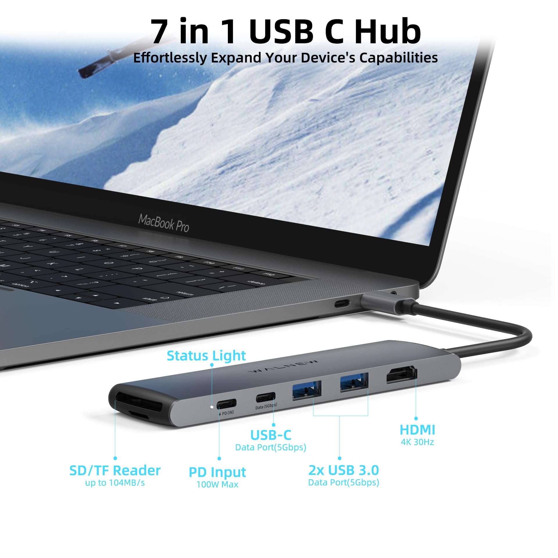 USB C Hub, WALNEW 7 in 1 USB C Docking Station with 4K HDMI,100W PD, 3 5Gbps Data Ports(1 USB-C & 2 USB 3.0),TF/SD Card Reader, USB Hub for Laptop, MacBook Pro/Air/Mac/Dell/HP/ASUS/Acer/Steam Deck