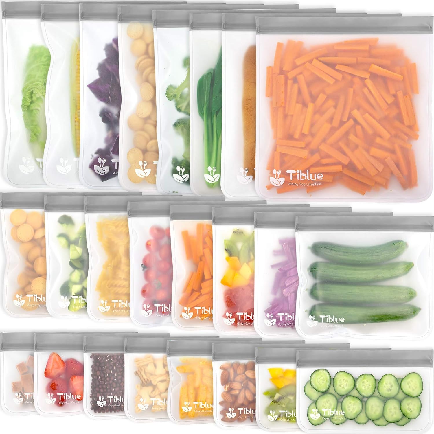 Reusable Food Storage Bags - 24 Pack BPA FREE Flat Freezer Bags(8 Reusable Gallon Bags + 8 Leakproof Reusable Sandwich Bags + 8 Food Grade Kids Snack Bags) Resealable Lunch Bag for Meat Fruit Veggies