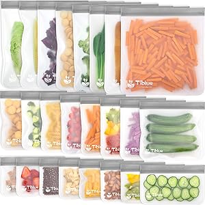 Reusable Food Storage Bags - 24 Pack BPA FREE Flat Freezer Bags(8 Reusable Gallon Bags + 8 Leakproof Reusable Sandwich Bags + 8 Food Grade Kids Snack Bags) Resealable Lunch Bag for Meat Fruit Veggies