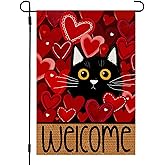 CROWNED BEAUTY Valentines Day Garden Flag Black Cat Heart 12x18 Inch Double Sided Love Red Welcome Decoration for Outside Yard CF1910-12