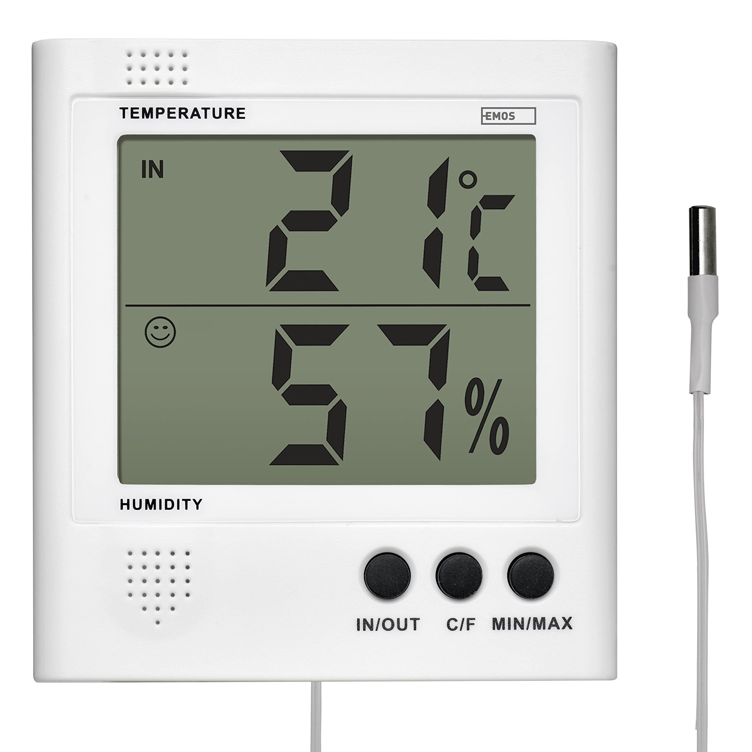EMOS E8471 Digital Thermometer and Hygrometer, Outdoor Thermometer/Indoor Thermometer with 2 m Cable Sensor, Battery Operated, Plastic, White
