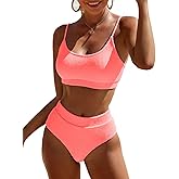 Fanuerg Women's Ribbed High Waisted Bikini Sets Scoop Neck Two Piece Swimsuits Spaghetti Strap Textured Bathing Suit