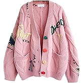 utcoco Womens Open Front Cardigan Cable Knit Long Sleeve Button Down Embroidery Cardigan Sweaters