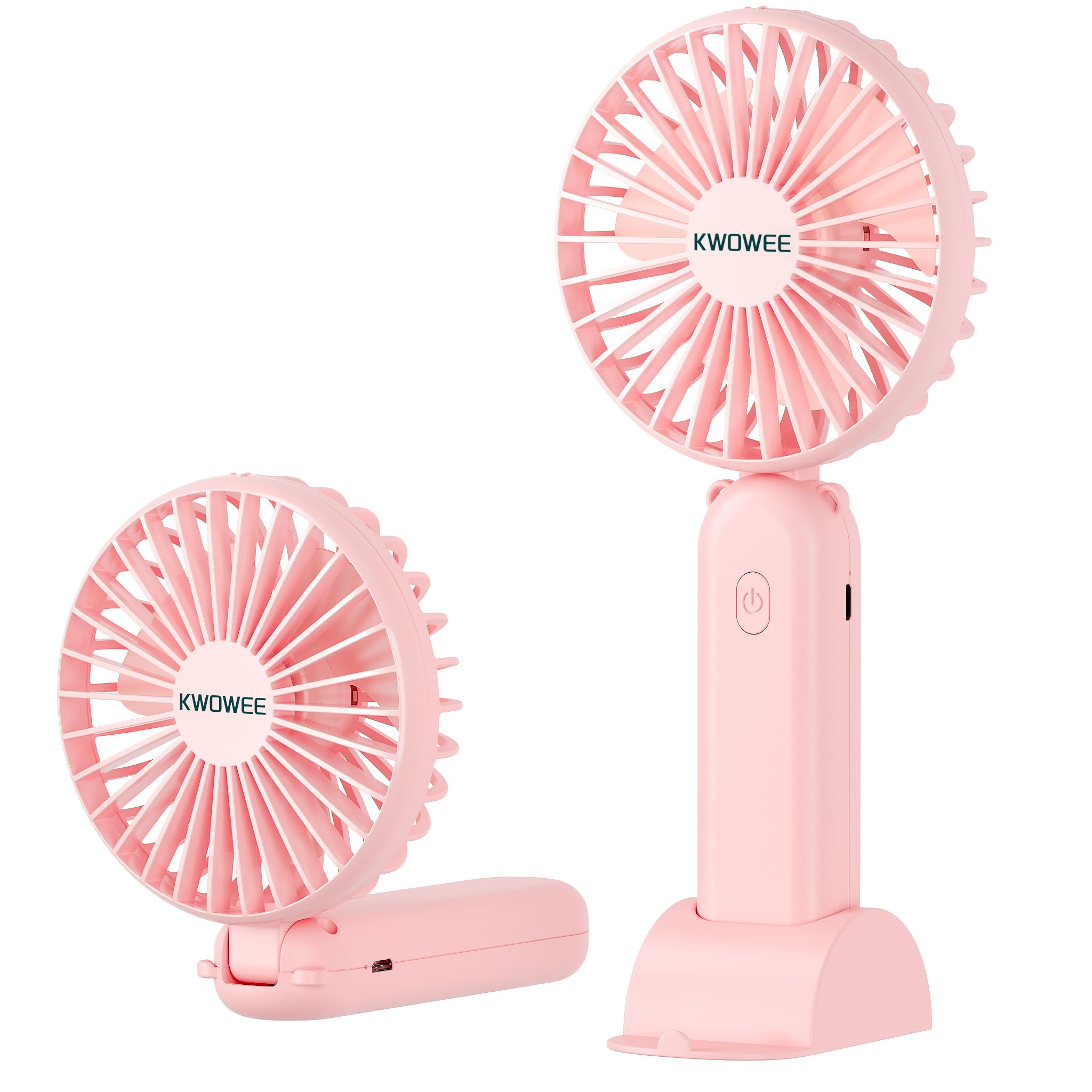 KWOWEE Handheld Fan, Handheld Protable Rechargeable Fan with 3 Speed, Desk Handheld Electric Fans with USB Charging Port, Small USB Rechargeable Fans with 90° Folding for Home Office Travel (Pink)