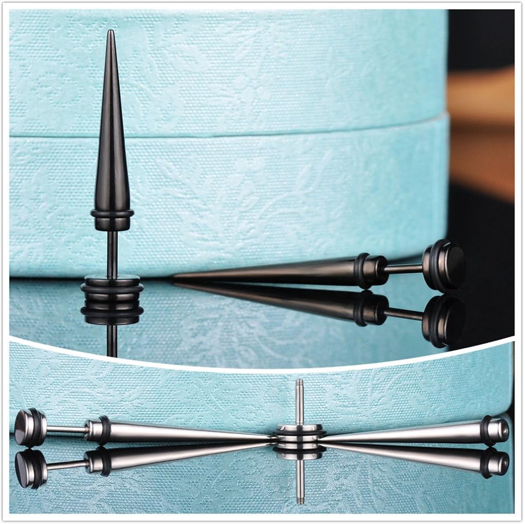 Yumilok Jewelry 4 Pcs Mens Womens Stainless Steel Spike Stud Earrings Tapers Fake Plugs Ear Stretchers, 2 works(Black, Silver) - Image 3