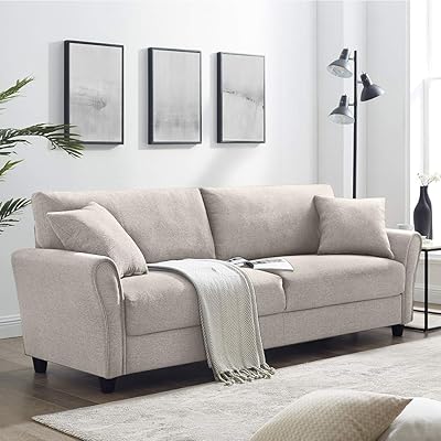 85-Inch Modern Upholstered Linen Sofa, Creamy-White Living Room Couch