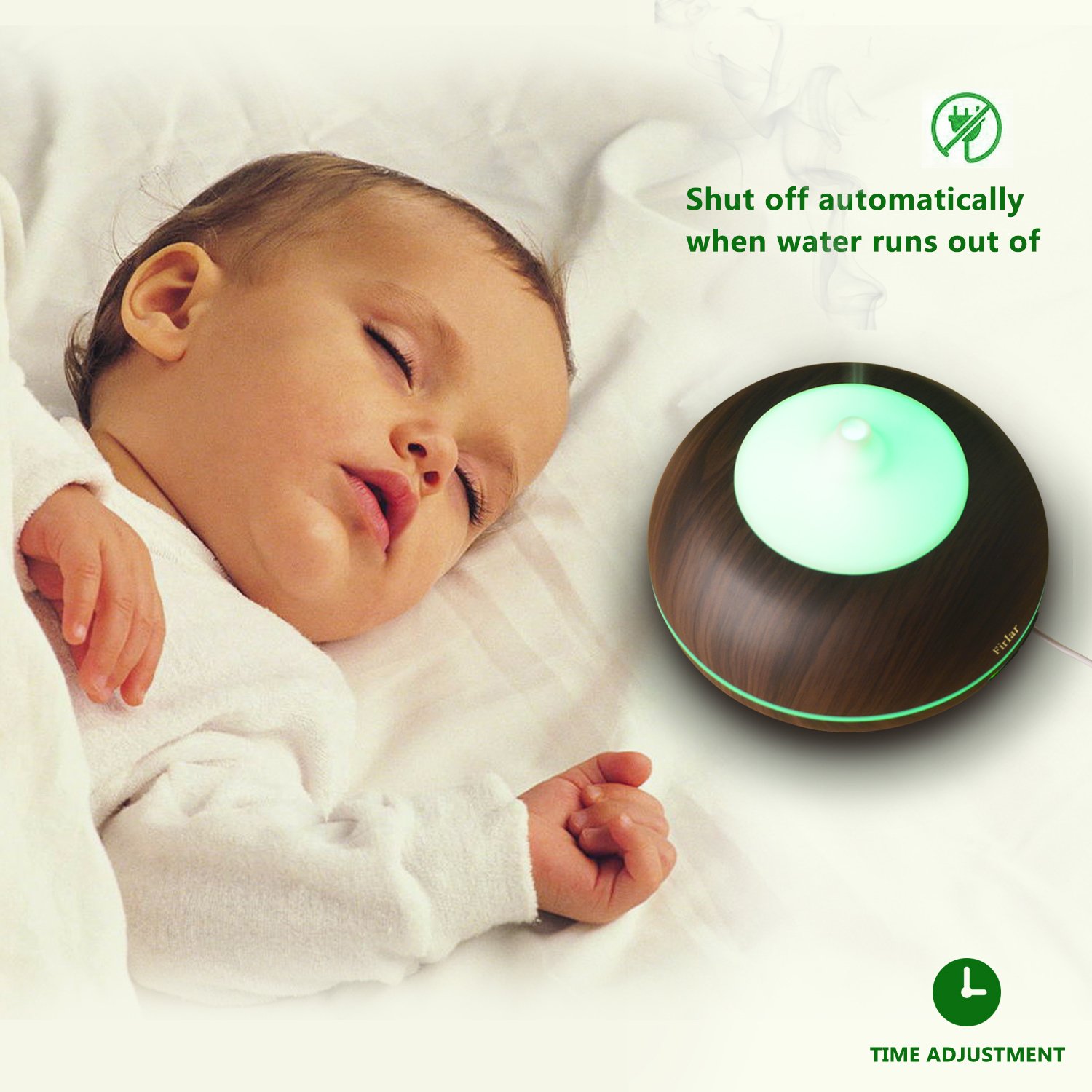 Firlar 300ml Wood Grain Cool Mist Ultrasonic Humidifier LED Night Lamp Aromatherapy Oil Diffuser Baby-AUTO Shut off Lights For Office Yoga Home Bedroom