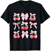 Coquette Aesthetic Pink Bow and Red Cherries Girls Kids T-Shirt