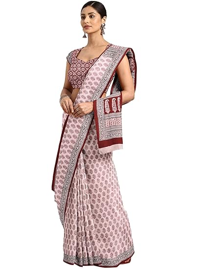 Pure Cotton Off White & Maroon Handblock printed Saree and Blouse MRBASA0007