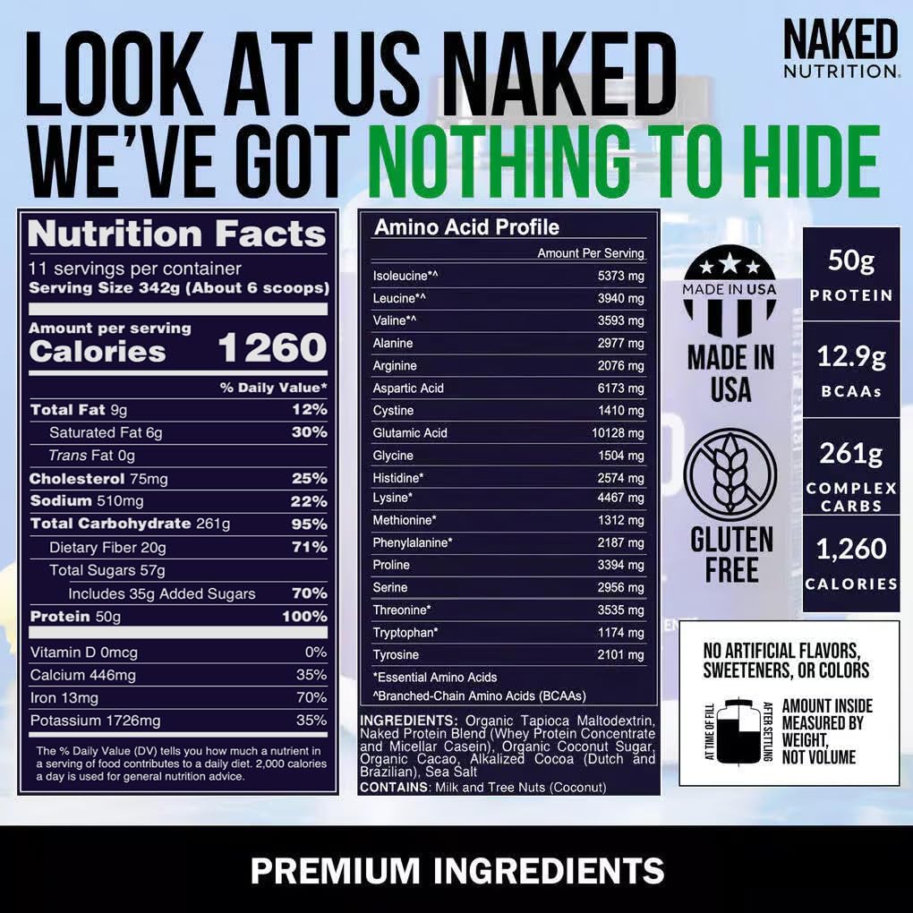 NAKED Double Chocolate Mass - 1,260 Calories, 50G Protein, Nothing Artificial. All Natural Weight Gainer Protein Powder - 8Lb Bulk, GMO Free, Gluten Free & Soy Free