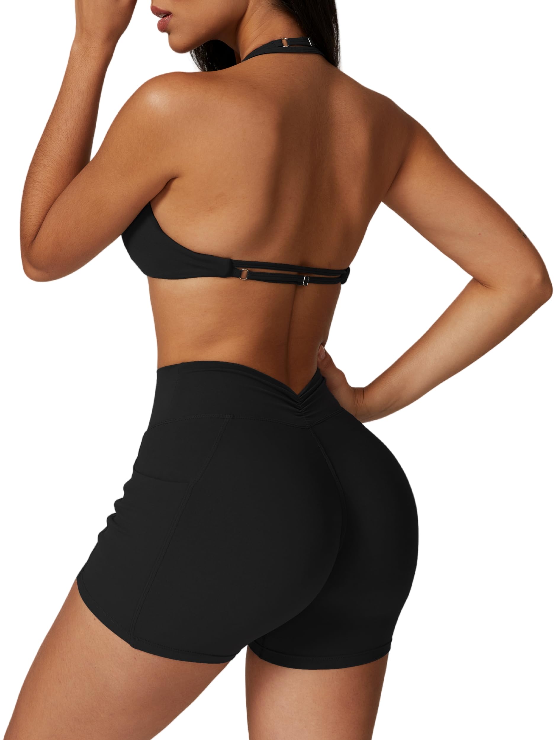 Photo 1 of ABOCIW Workout Sets for Women 2 Piece Yoga Outfits Halter Neck Sports Bra V Back Scrunch Butt High Waist Biker Shorts with Pocket Gym Matching Sets Black X-Large