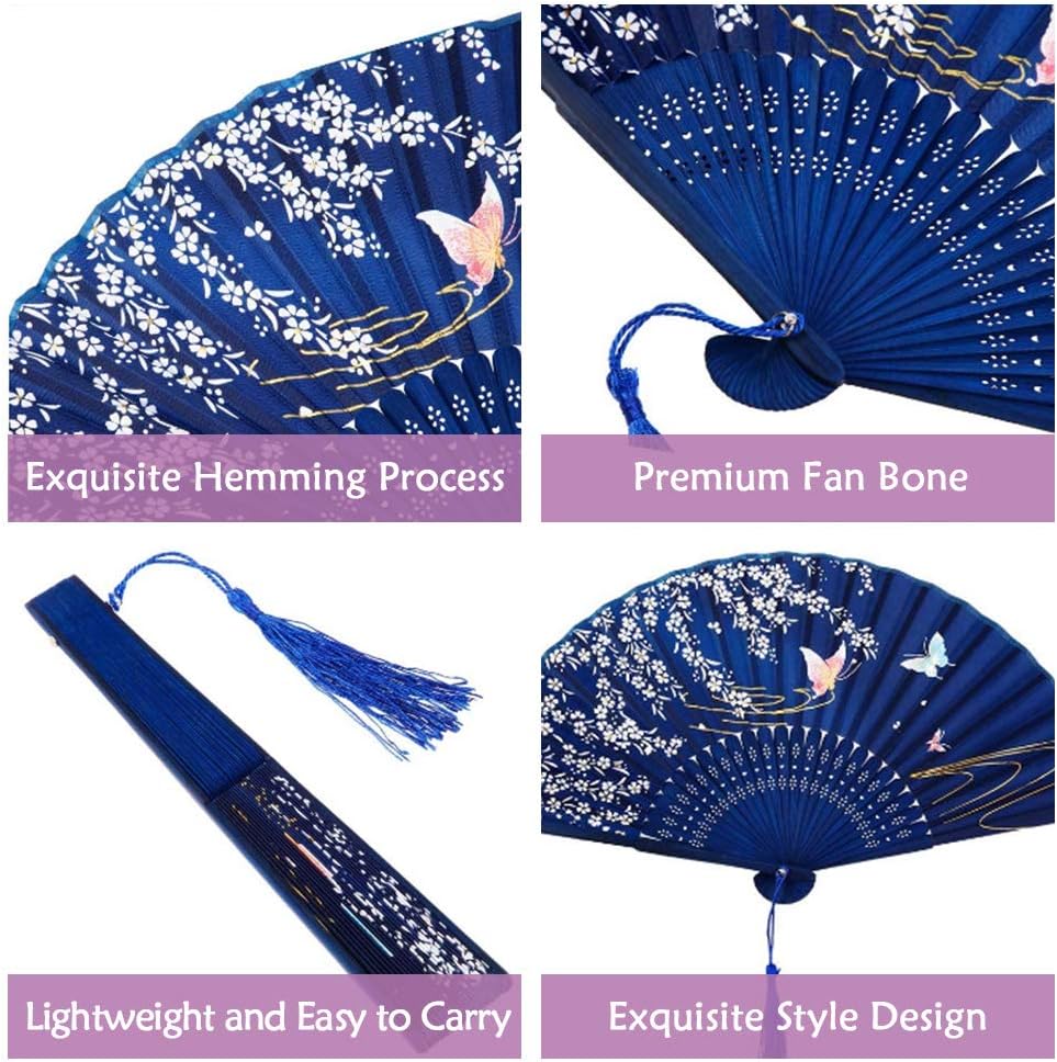 NETUME 2 Pieces Folding Hand Fans for Women Silk Fabric and Hollow Carved Bamboo Handheld Folding Fan - Image 4