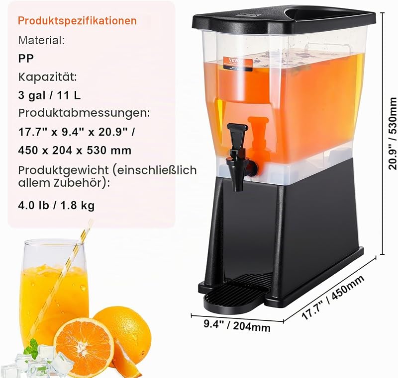 Getränkespender, 11 L Wasserspender Getränkespender für Partys, Saftspender aus Kunststoff mit Standhahndeckel, Eistee-Limonadensaft-Wasserspender, für Restaurants, Hotels, Partys usw.