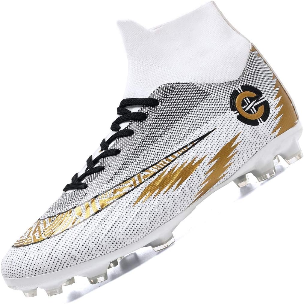FJJLOVE Football Shoes, Men's High Help Football Training Shoes Breathable Boys Soccer Non-Slip Shoe AG Soccer Shoes,White,38