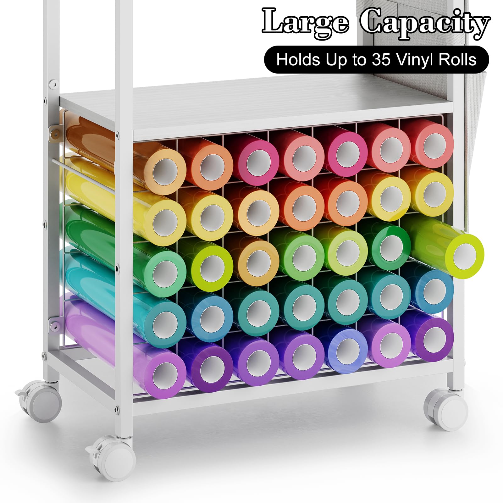 Craft Organizers Table and Storage Cart: Organizing Cutting Accessories and Machine with 35 Vinyl Roll Holders, Crafting Heat Press Stand with Drawers and Hooks, White