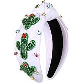 mokkia Summer Headband for Women Beaded Flower Palm Leaf Watermelon Fruit Headband Rhinestone Jeweled Knotted Hairband Boho White Pink Wide Top Knot Hairband Summer Beach Hair Accessories (Cactus A)