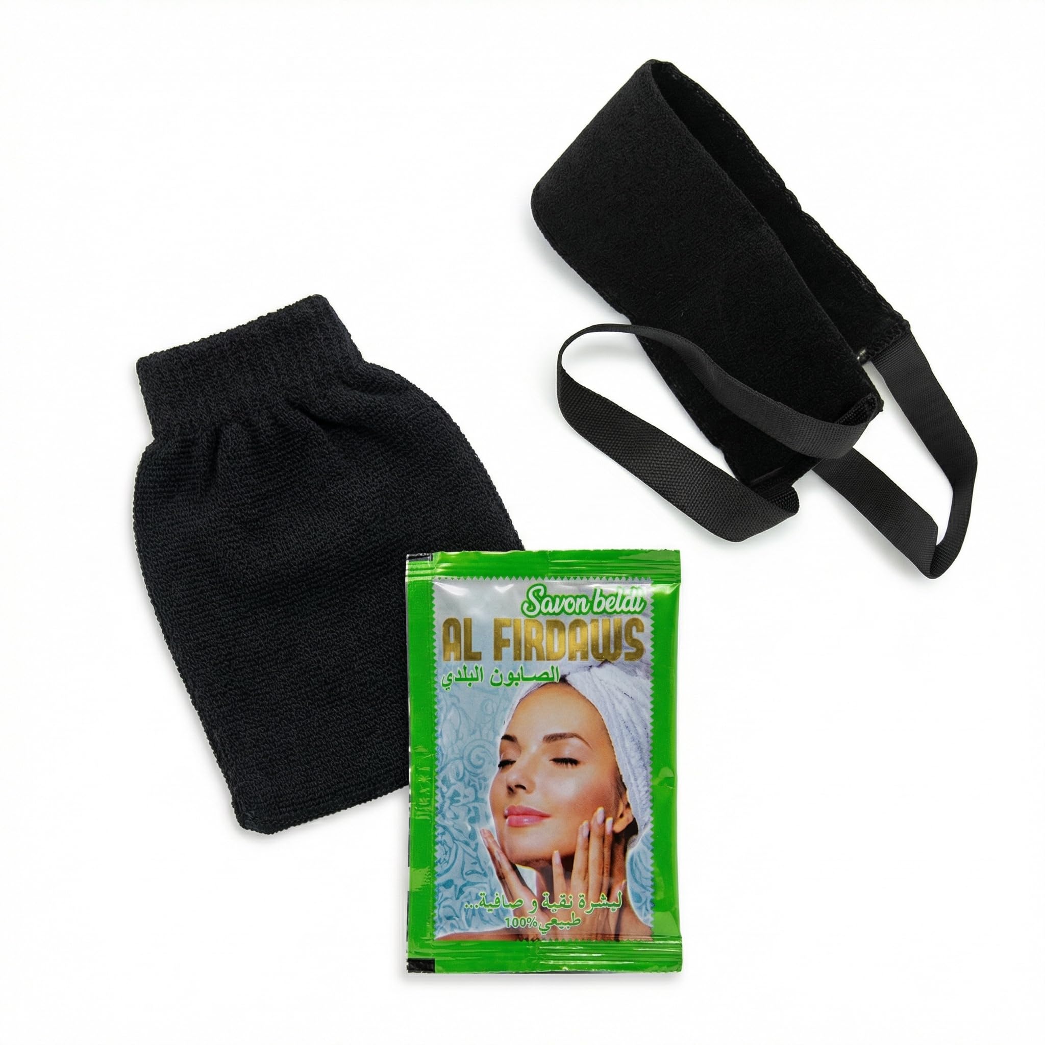 Kessa High Quality Moroccan Scrub Glove + Back Scrub Glove + 1 Black Soap Dish specially made to help you take care of your face. With a Grainy Surface