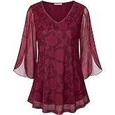 Bebonnie Womens Ruffle 3/4 Sleeve V Neck Double Layers Mesh Blouses Loose Fit Flowy Tunic Tops