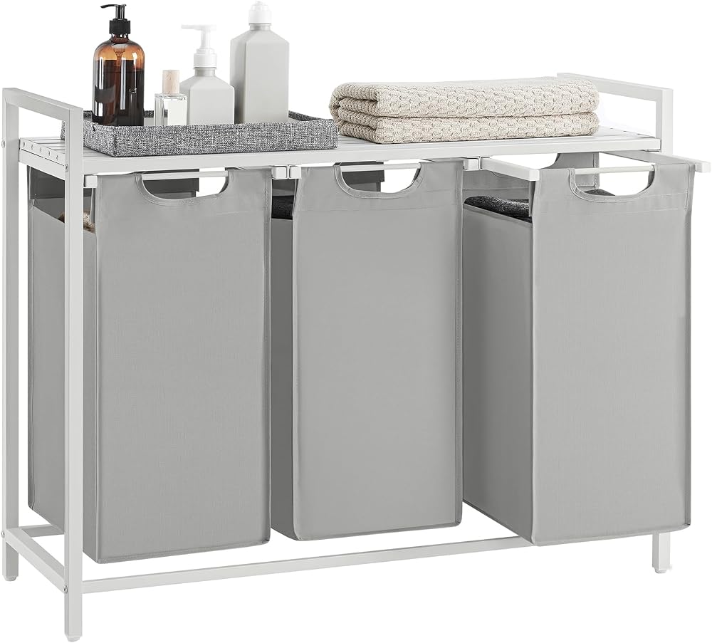 VASAGLE 3-Compartment Laundry Hamper with Shelf 120 L Dove Grey White
