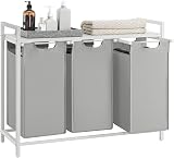 VASAGLE 3-Compartment Laundry Hamper with Shelf 120 L Dove Grey White