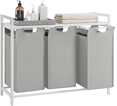 VASAGLE 3-Compartment Laundry Hamper with Shelf 120 L Dove Grey White
