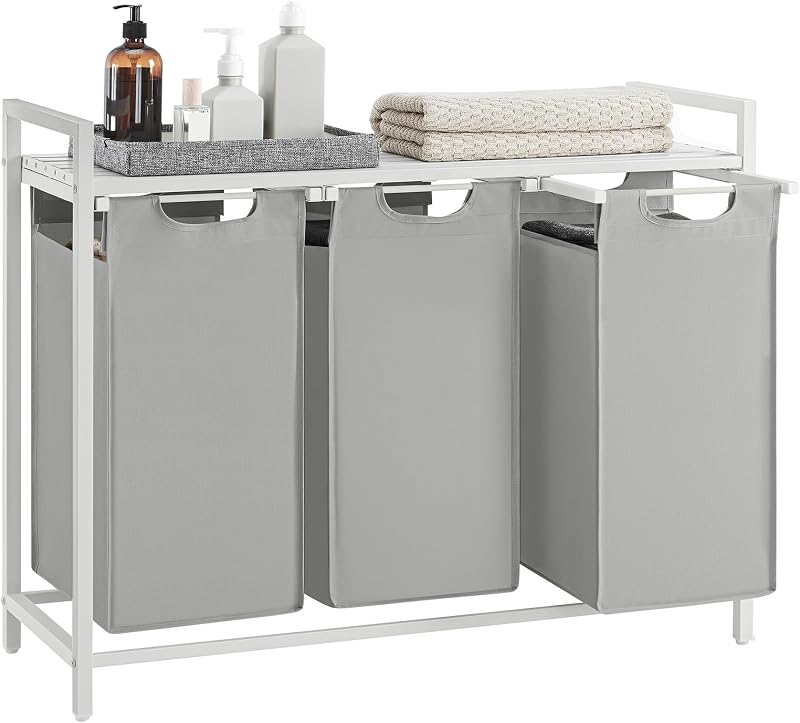 VASAGLE 3-Compartment Laundry Hamper with Shelf 120 L Dove Grey White