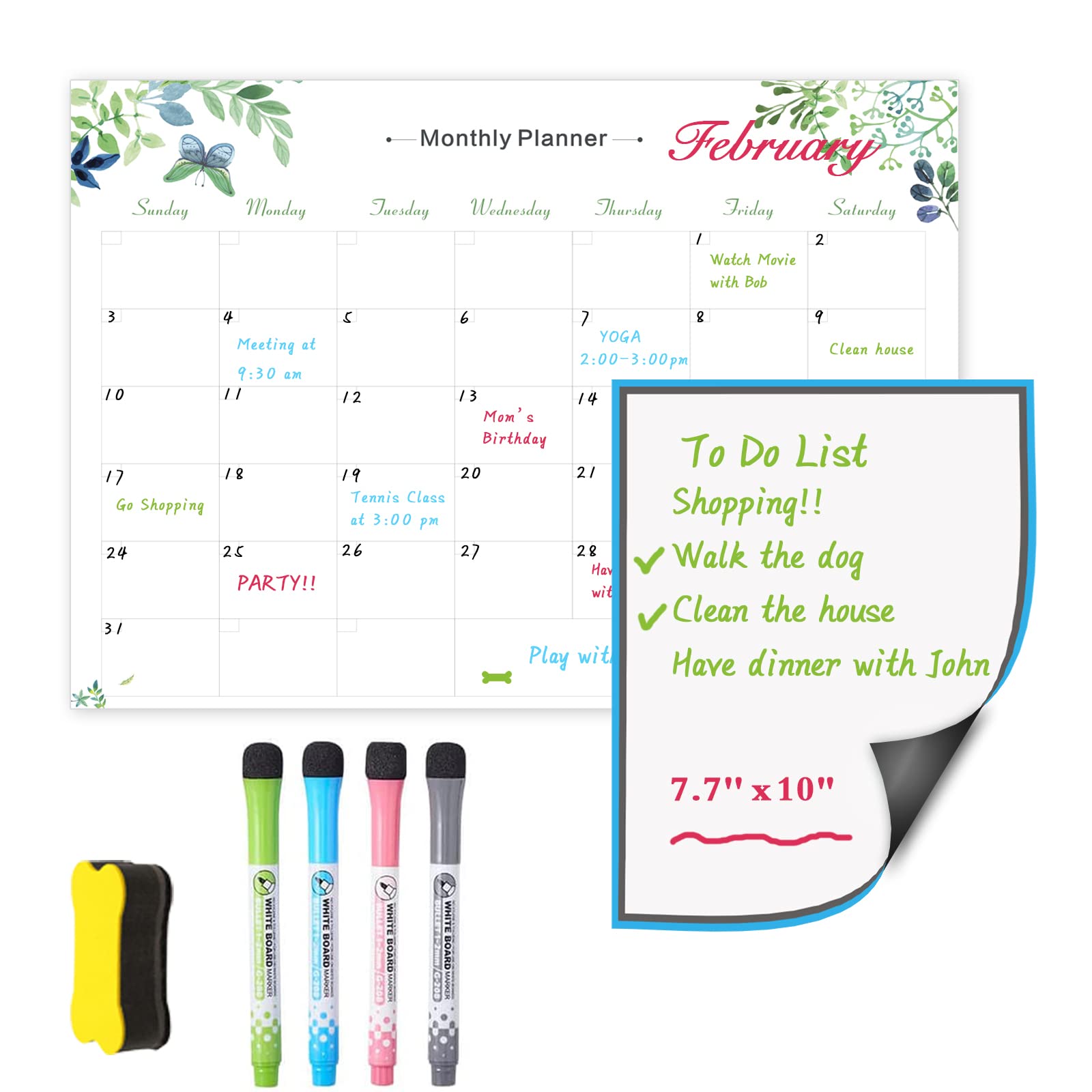 JaoNanl Dry Wipe Magnetic Monthly Calendar, Monthly Fridge Planner Whiteboard Kitchen Magnetic Fridge Calendar with 4 Colour Markers and Eraser for Family, Office, School