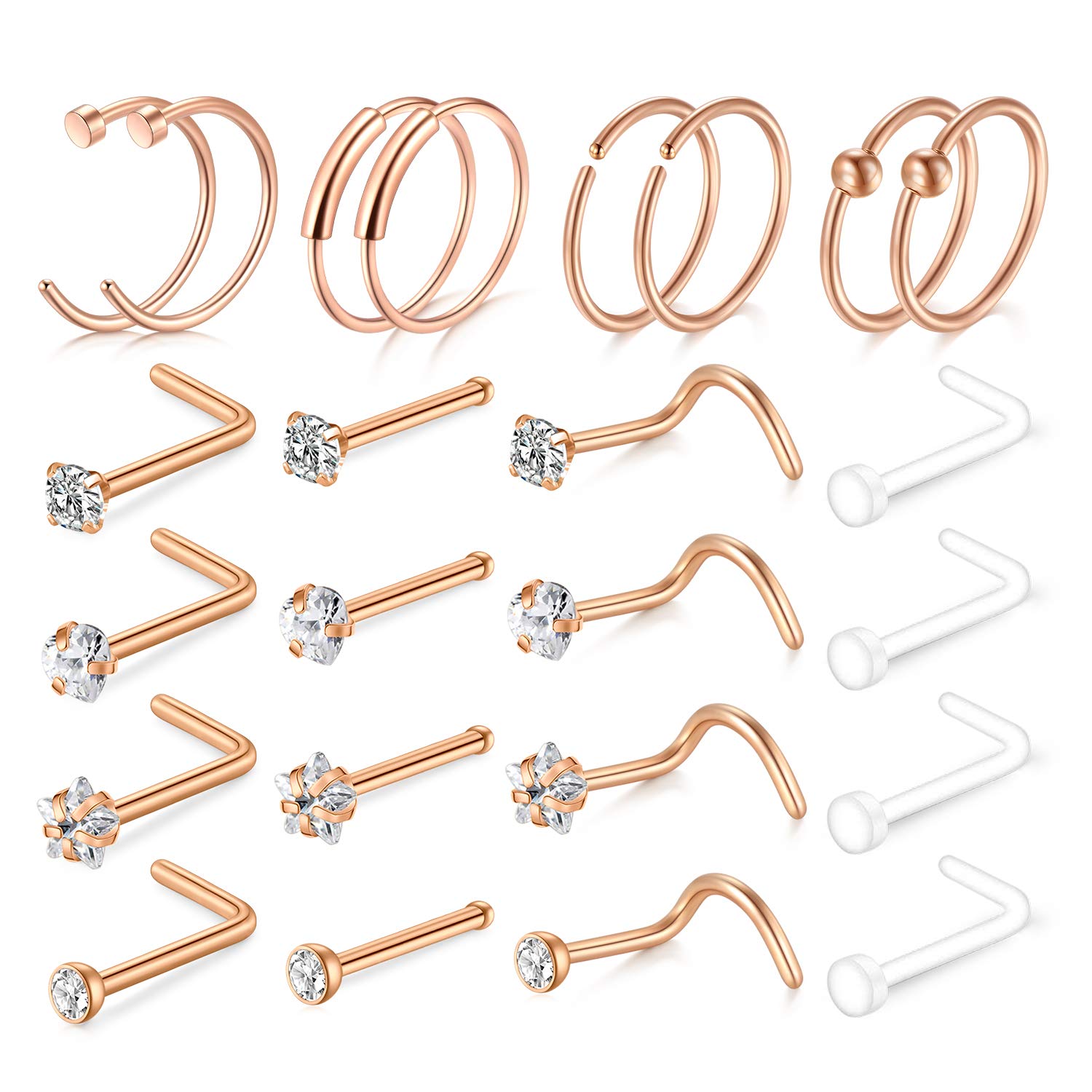 AceFun Nose Rings Coloured Nose Hoops 24PCS 20G 316L Surgical Stainless Steel Body Jewelry Piercing Nose Ring Studs Rose Gold