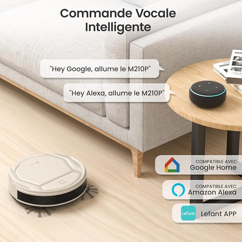 Aspirateur Robot Mince 2200Pa, Silencieux 55dB, Connecté avec WiFi/Bluetooth/Alexa/App, 120min d'Autonomie, Auto-Charge, Idéal pour Poils d'animaux Sols Durs, M210P Champagne