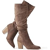 Putu Women's Pointed Toe Knee High Boots Faux Suede Slouch Boots with Chunky Heel