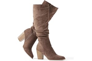 Putu Women's Pointed Toe Knee High Boots Faux Suede Slouch Boots with Chunky Heel