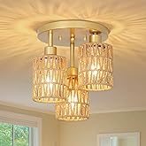 3-Lights Boho Light Fixtures - Farmhouse Rattan Light Fixture with Woven Cage Shade, Gold Semi Flush Mount Ceiling Lights for