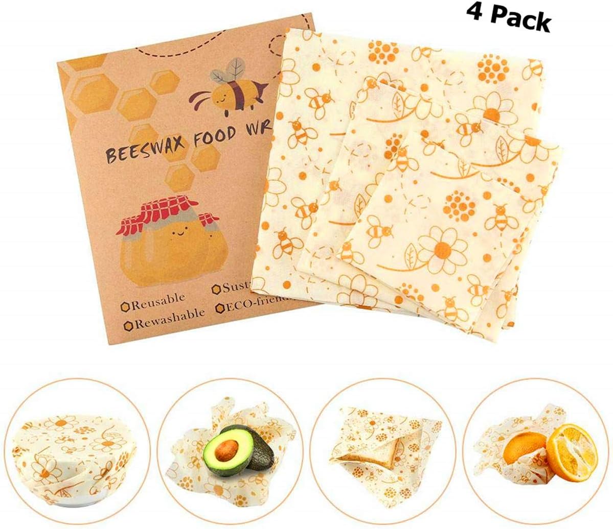 AOCTEK Beeswax Reusable Food Wraps- 4 Pack, BPA & Plastic Free, 100% Cotton Eco-Friendly, Washable Food Storage Wrap Sets Organic Kitchenware Sandwich & Cheese Wrappers - (1 Large, 2 Medium, 1 Small)