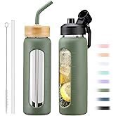 NOLOGLAZIC 24oz Glass Water Bottle with Straw and 2 Lids-Bamboo and Spout Lid, Borosilicate Glass Water Bottle with Silicone Sleeve and Time Marker,BPA Free & Cupholder Friendly,Olive