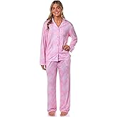 INTIMO Barbie Women's Doll Logo Tossed Sleep Collared Button Down Long-Sleeve Pajama Set