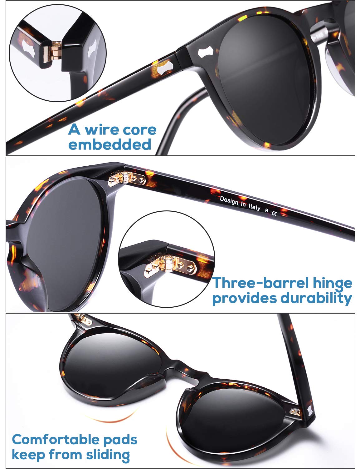 CARFIA Retro Polarized Sunglasses for Men UV400 Protection Handmade Acetate Round Frame CA5288L