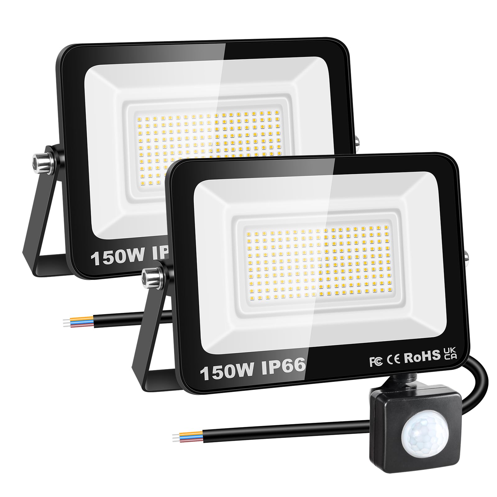 RIGIDON 2 Pcs PIR Motion Sensor Outdoor Floodlight, 150W 15000 Lumens Outside Led Work Light, Daylight Warm White Wall Light for Garden Garage Backyard Patio Lawn House Doorway, IP66 Waterproof 3000K