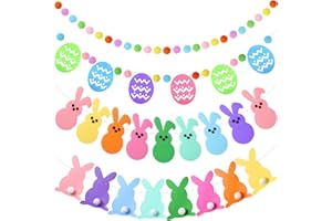 Jansun 4 Pack Easter Garlands 32.8 Feet Felt Bunny Eggs Pom Pom Garland Ornaments for Spring Easter Fireplace Wall Home Indoor Outdoor Party Hanging Decor Supplies(4 Design)