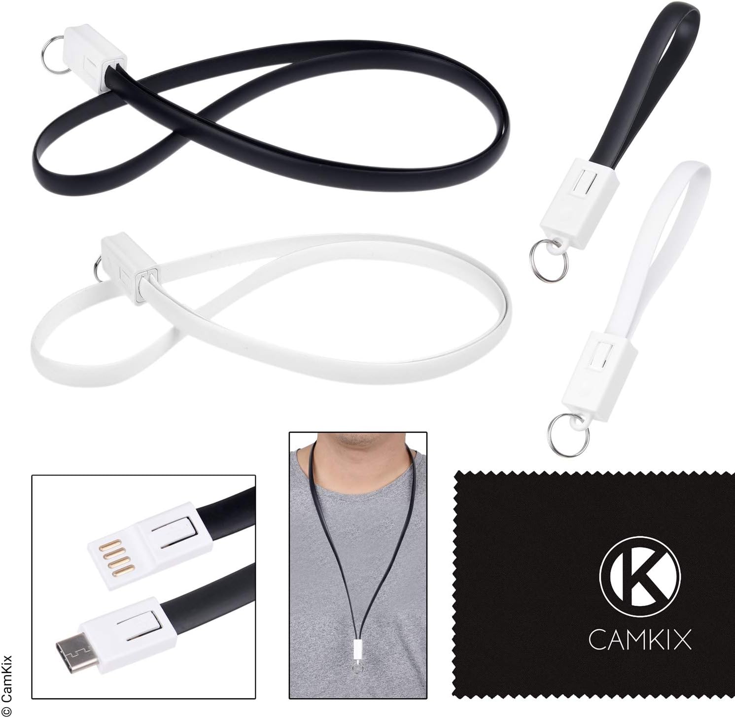 USB type C Lanyard and Keychain bundle (Neck Lanyard & Keychain - 4 pack/Black & White)