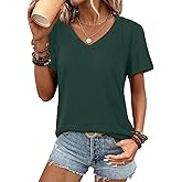 ATHMILE Womens V Neck Short Sleeve Summer T Shirts Curved Hem Plain Top Beach