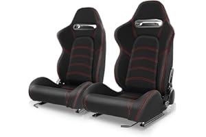 Auto Dynasty Pair of Racing Seat Universal Woven Fabric Reclinable Bucket Seats with Bottom Mount Sliders and Bracket, 35 (H) x 21.5 (W) x 21.5 (D) Inches, Driver and Passenger Side, Black/Red