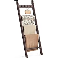VASAGLE Blanket Ladder Shelf, 5-Tier Ladder Rack for Storage and Decor with 4 Removable Hooks, Decorative Farmhouse for The L