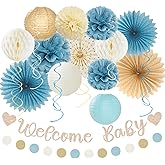 Light-Dusty Blue Boho Baby Shower Party-Decorations - 21pcs Beige Champagne Boy Neutral Welcome Baby Banner Decor,Paper Lanterns Pom Poms Fan Supplies,Streamers Garland Wall Backdrop Favors Huglony