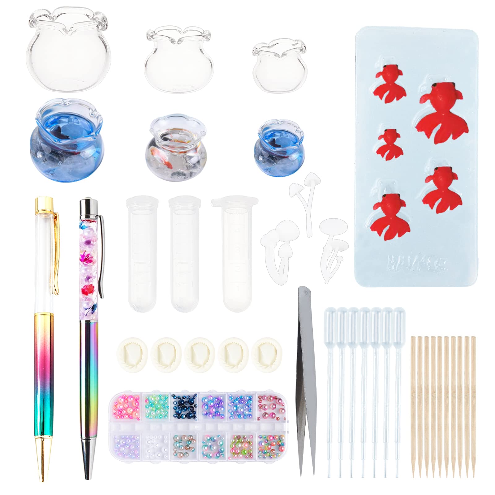 OLYCRAFT 55PCS Miniature Koi Fish Mold Ballpoint Pens Shaker, Glass Goldfish Bowl, Pearl, Mushroom Botanical Terrarium Craft Set for Resin Craft