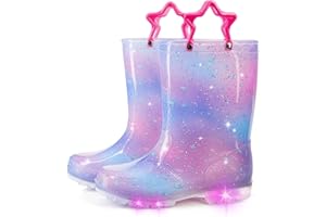 Boys Girls Light Up Rain Boots Kids Waterproof Outdoor Boots Toddler Glitter and Patterns Rainboot with Easy on Handles