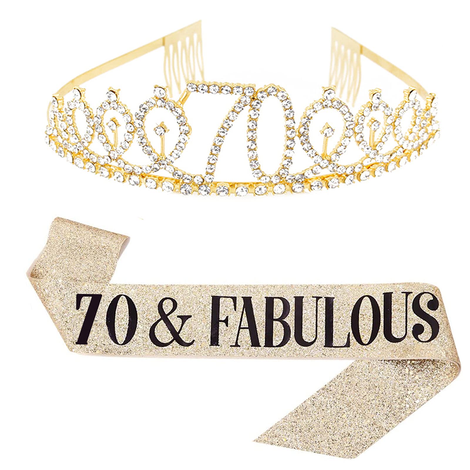 Leixi 70 and Fabulous Sash & Rhinestone Tiara Set - 70th Birthday Sash 70 Birthday Gifts Party Favors (Gold)